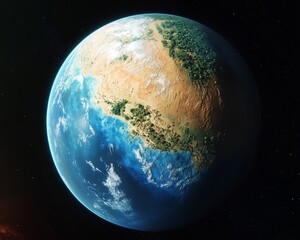 Naklejka premium terraformed Mars with oceans and forests, showing abundant vegetation and a vivid blue sea under Martian sky