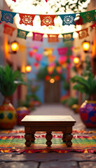 Obraz premium Cinco de Mayo product display background podium, Papel Picado Celebration, vibrant papel picado banners, festive Mexican street, warm sunset, colourful decorations, ad podium platform, product present