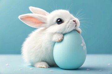 White Bunny with Pink Ears Leaning on Light Blue Easter Egg