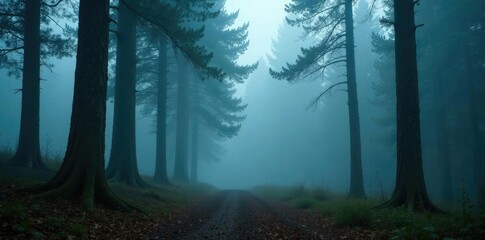 Dense fog in the forest environment surrounding tree trunks, misty, scenery