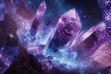 Fototapeta premium an alien planet covered in giant crystals, illuminating shades of purples and blues with starlight glinting off sharp facets