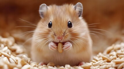 Adorable hamster eating a treat, surrounded by seeds. Close-up capturing its cute features and furry texture.