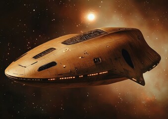 sentient AI spaceship exploring deep space, showcasing the intricacies of its outer shell design and the celestial bodies glowing softly in the background