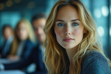 Obraz premium Confident blonde woman in professional setting with colleagues blurred in background.