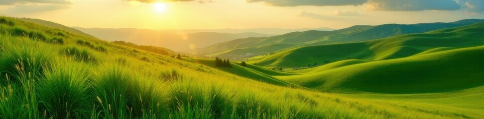 Fototapeta premium Lush green meadows and hills bathed in golden light, verdant, meadow