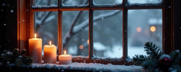 Naklejka premium Snowy window with three candles burning softly on a mantel, winter decorations,, warm glow