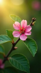 Obraz premium Single hawthorn bloom on a stem against a soft focus background with natural light filtering through leaves, blossom, garden