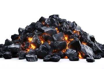 A pile of glowing coals is shown against a white background