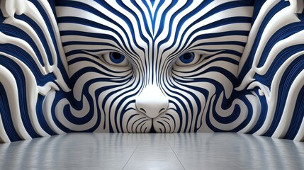 Vibrant Abstract Face Sculpture Striking blue and white stripes in a captivating zebra pattern Modern artistic expression with realistic eyes, creating an illusion of depth A stunning visual art