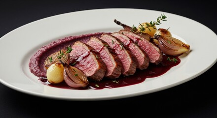 A restaurant-quality dish featuring seared duck breast with a deep pink center