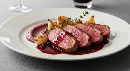A restaurant-quality dish featuring seared duck breast with a deep pink center