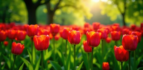 Obraz premium Lush greenery surrounds a field of red tulips, landscape, spring flowers, flowers