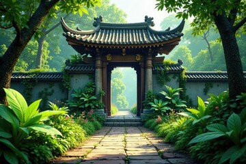 Lush greenery surrounds the temple's entrance, foliage, lush, entrance