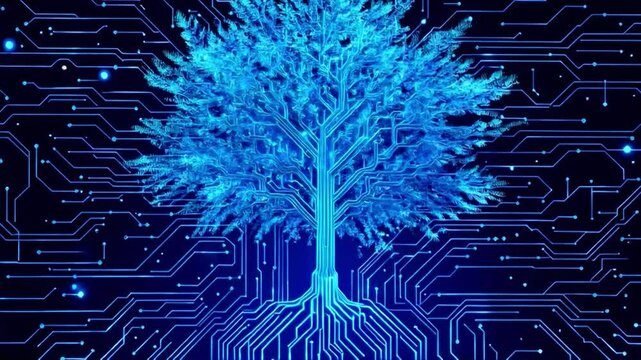 Blue abstract circuit board electronic hi-tech growing tree