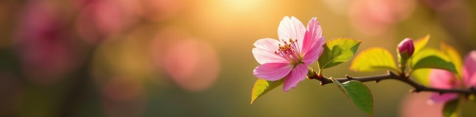 Obraz premium Single pink blossom on a leafy branch in warm sunlight, floral, leafy branch, blossoming