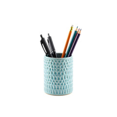 Light blue ceramic pen holder with pens and pencils on white background