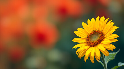 Fototapeta premium closeup of a hand holding a sunflower in spring light on blurred wallpaper background 