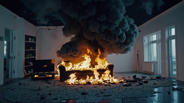  A living room with a large fire burning on a couch, thick black smoke rising from the flames, creating a chaotic and dangerous atmosphere with scattered objects on the floor