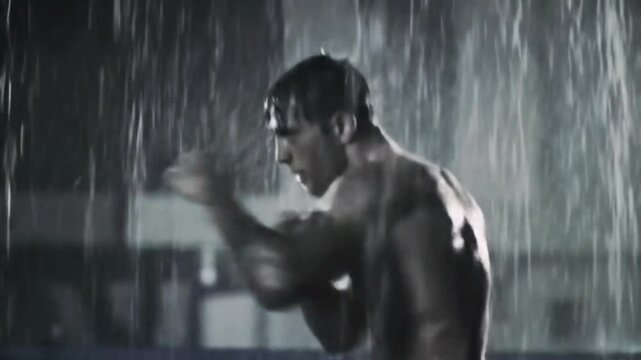 Athletic man shadow boxing in the rain