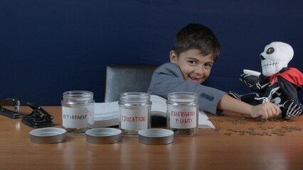A young child in formal attire counts coins at a desk, with playful props like jars and a toy skeleton lending a humorous touch to the scene. High quality photo