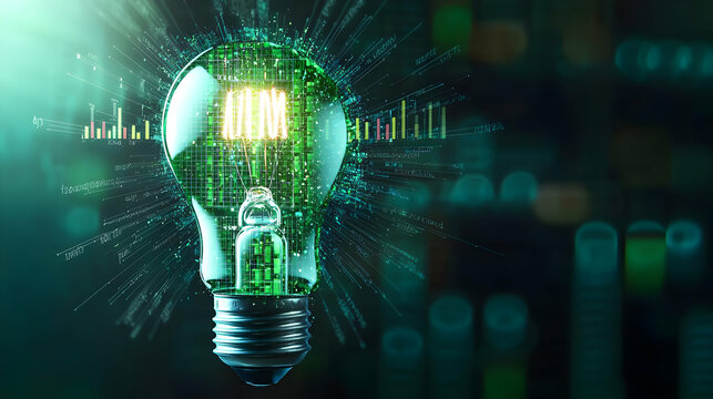 Digital Lightbulb Illuminated with Green Binary Code and Data Visualization on a Blurred Dark Background