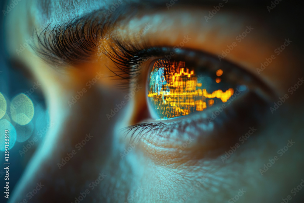 Poster close-up of an eye reflecting digital data, symbolizing technology's impact on human perception and 
