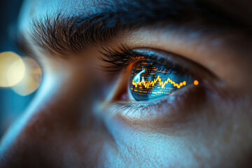 A close-up of an eye reflecting a stock market graph, symbolizing financial insights and vision.