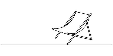 Beach chair continuous one line drawing, single line art element, minimalist sketch line vector illustration, summer travel holiday concept, Adirondack Chair, Muskoka Chair. Outdoor Furniture. Single.