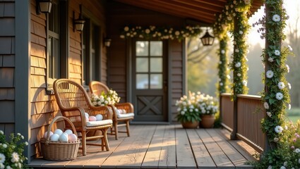 Obraz premium A peaceful porch with wicker chairs, decorated with potted flowers, and a basket of pastel Easter eggs, creating a tranquil and welcoming atmosphere. Generative, AI,
