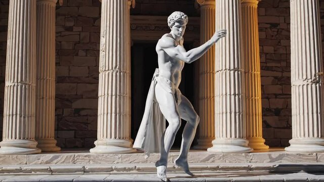 An ancient Roman or Greek marble statue dancing Latin dance in front of Doric or Ionic columns.