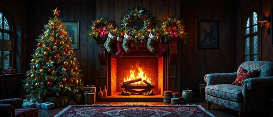 Warm fireplace with Christmas tree and stockings, merry atmosphere, winter wonderland