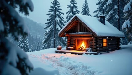 Cozy snow-covered cabin with warm fireplace and nature sounds, roaring flames, snowflakes falling, peaceful ambiance
