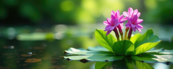 Water hyacinth blooms bursting from the surface, greenery, natural