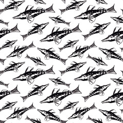Seamless pattern of black fish in graphic style on a white background