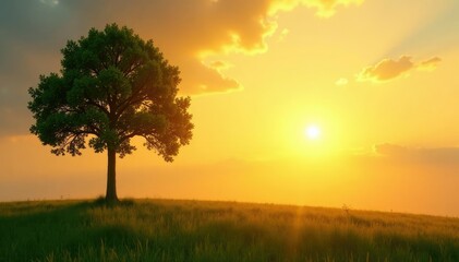 Obraz premium Single isolated tree against warm sunlight filter, sun, landscape