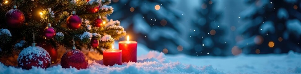 Snowy winter scene with Christmas tree and candles, candlelight,