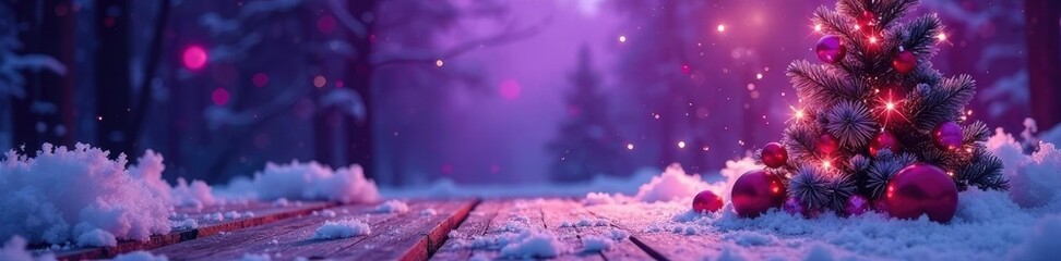 Snowy wooden stage with a festive centerpiece, centerpiece, purple, icy