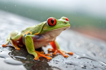 Naklejka premium Brightly colored poisonous tropical frog with red eyes