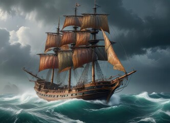 Weathered ancient sailing vessel in raging sea storm, rough seas, sea, ocean