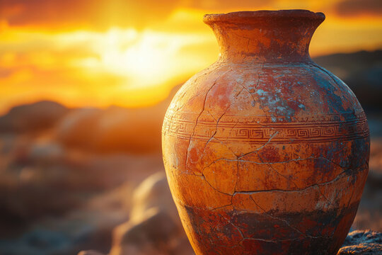 Ancient, cracked clay jar at sunset, showcasing age and history.