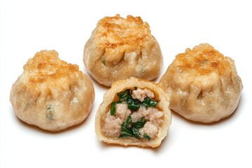 Dumplings Savory dumplings with a crispy top, revealing a filling of meat and greens.