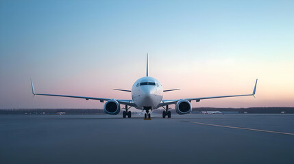 White Passenger Airplane Centered on Airport Runway at Sunset with Blue and Orange Sky