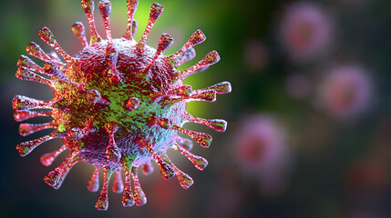 Detailed 3D Render of Red Coronavirus Particle with Spikes in Green Blurred Background