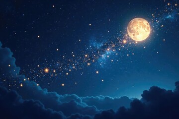 Golden stars shining in the midnight sky with silver moonlight and blue night, bow, sparkle, sky