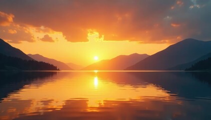 Fototapeta premium Golden sunrise over the tranquil waters of Yamdrok Lake, serene, golden