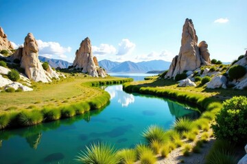 Naklejka premium Lush greenery surrounding the towering tufa towers in Mono Lake, tufatowers, wildlife habitats