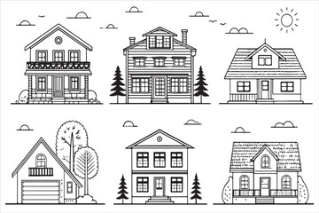 Fototapeta premium Minimalist Line Art of Various House Designs