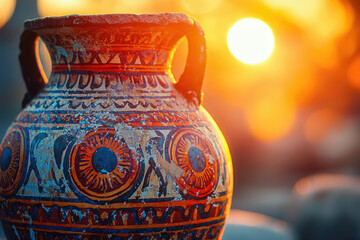 Ancient Greek amphora with intricate designs, bathed in the warm glow of a setting sun.