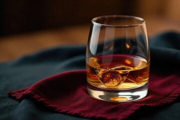Single malt whisky in a Glencairn glass resting on a velvet cloth, fine dining, elegant
