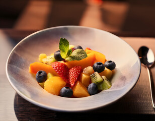 Fruit berries salad healthy breakfast colorful fresh bowl, cafe background